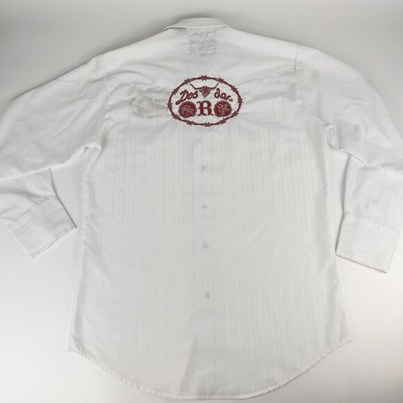 Dos De Oro Rodeo Shirt Sz M Pearl Snap Clean White Red Embroidery Front Back - Picture 9 of 12